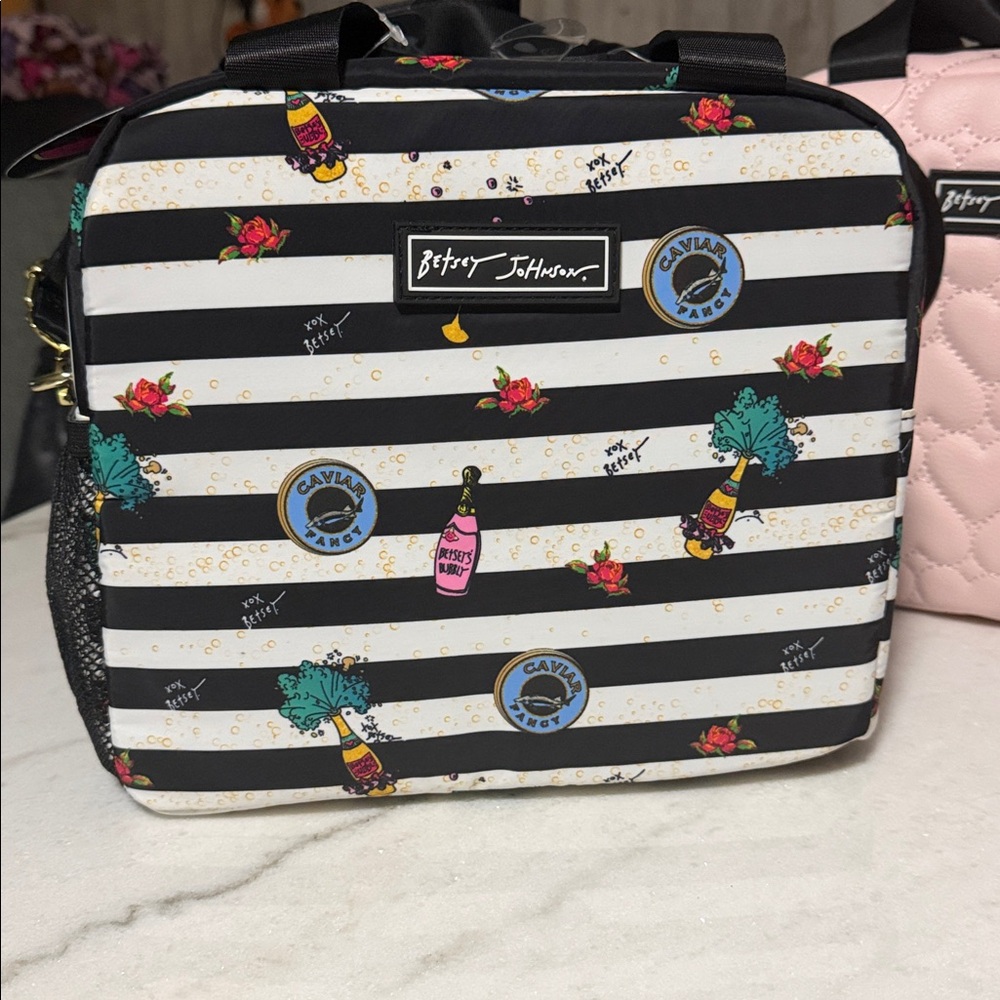 Betsey Johnson Black and White Striped Lunch Tote with Colorful Accents - Picture 2 of 7